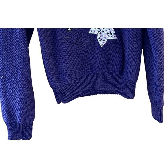 Nannell VTG Purple Sweater Sz Lg Hand Knit Appliqué Stars Sequin - Picture 3 of 5